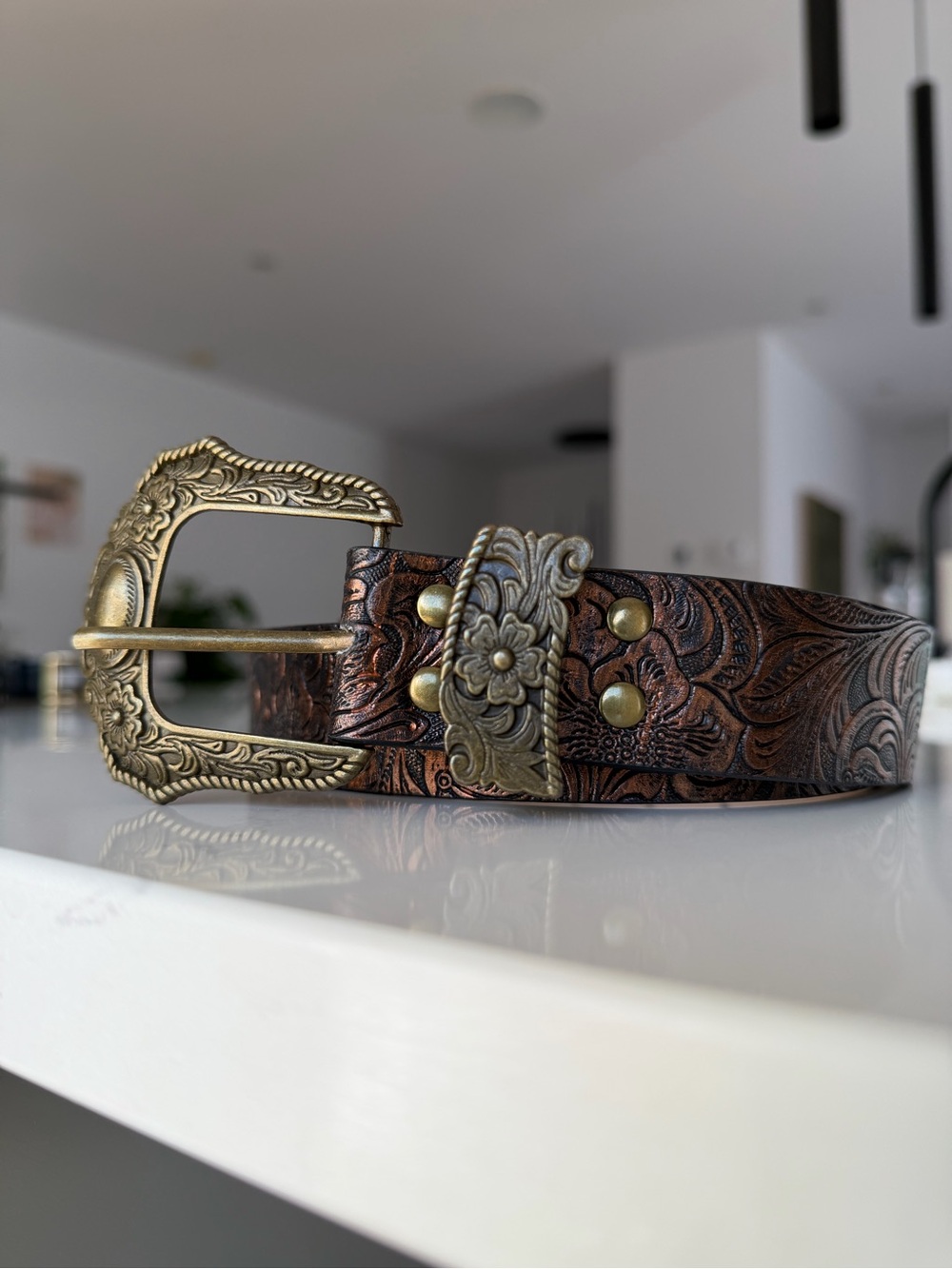 Embossed Brown Leather Belt with Floral Brass Buckle